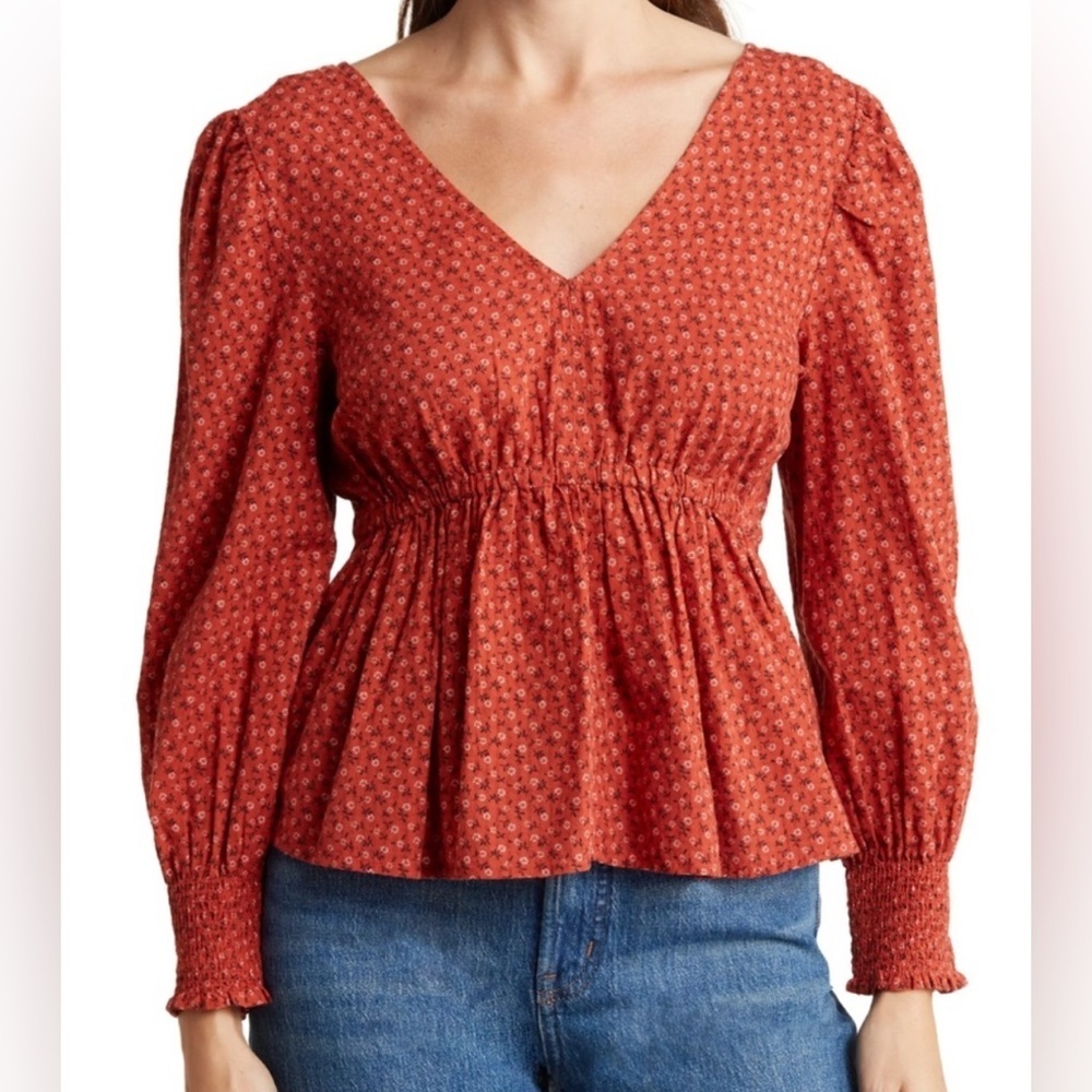 🍁 Madewell Tie-Back Peplum Blouse in Rust Floral (Size S)